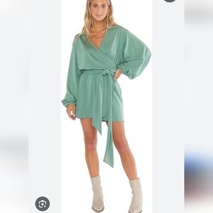 Show Me Your Mumu Chloe Collared Dress In Sage Green Medium Belted Surplice Neck